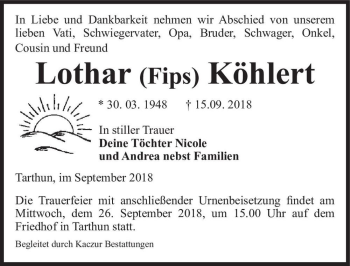 Traueranzeige von Lothar (Fips) Köhlert  von Magdeburger Volksstimme