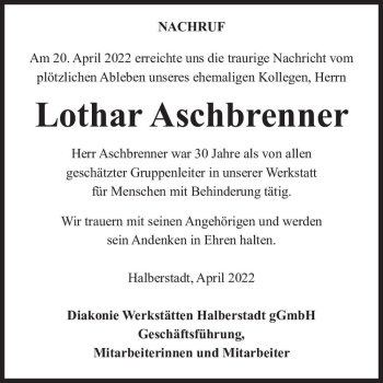 Traueranzeige von Lothar Aschbrenner  von Magdeburger Volksstimme