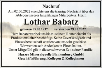 Traueranzeige von Lothar Babatz  von Magdeburger Volksstimme