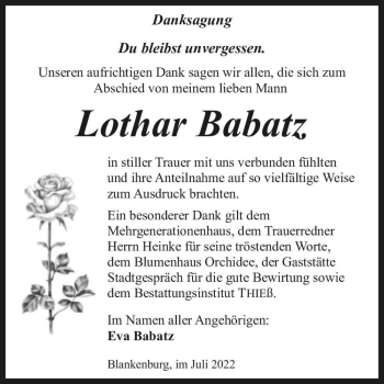 Traueranzeige von Lothar Babatz  von Magdeburger Volksstimme