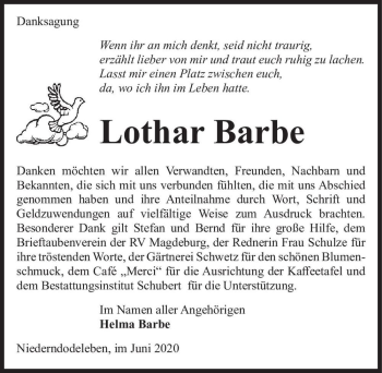 Traueranzeige von Lothar Barbe  von Magdeburger Volksstimme