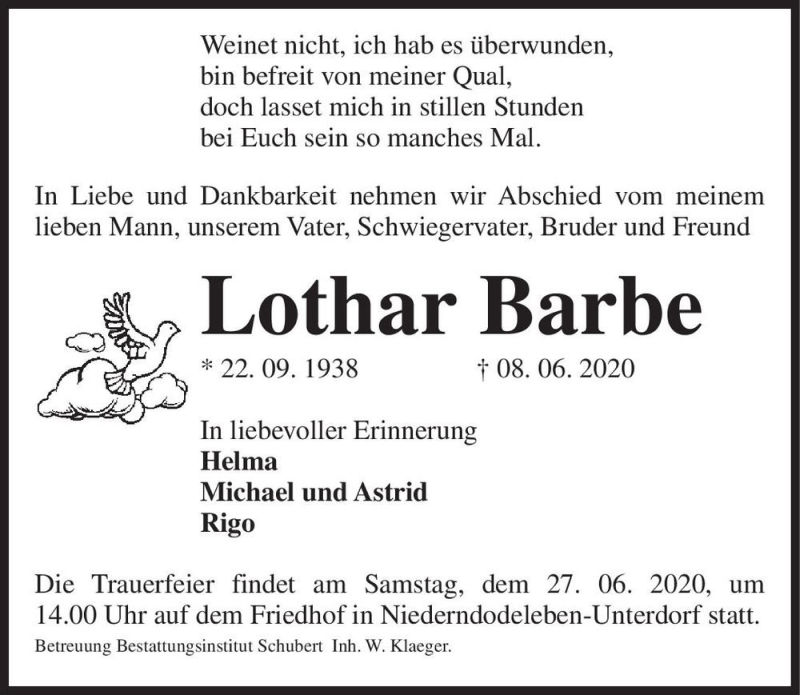  Traueranzeige für Lothar Barbe  vom 20.06.2020 aus Magdeburger Volksstimme
