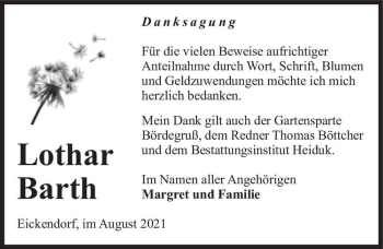Traueranzeige von Lothar Barth  von Magdeburger Volksstimme