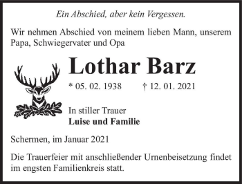 Traueranzeige von Lothar Barz  von Magdeburger Volksstimme