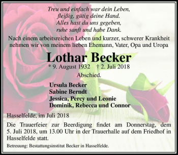 Traueranzeige von Lothar Becker  von Magdeburger Volksstimme