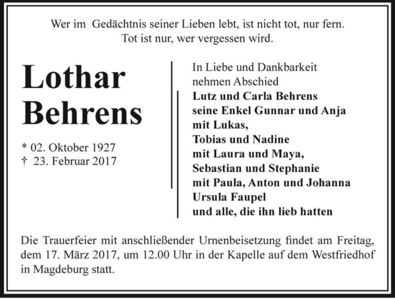  Traueranzeige für Lothar Behrens  vom 04.03.2017 aus Magdeburger Volksstimme