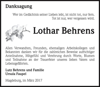 Traueranzeige von Lothar Behrens  von Magdeburger Volksstimme