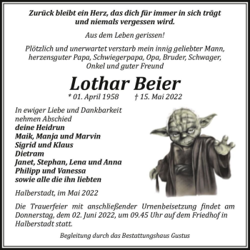 Traueranzeige von Lothar Beier  von Magdeburger Volksstimme