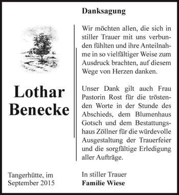 Traueranzeige von Lothar Benecke  von Magdeburger Volksstimme