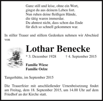 Traueranzeige von Lothar Benecke  von Magdeburger Volksstimme