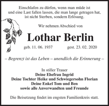 Traueranzeige von Lothar Berlin  von Magdeburger Volksstimme