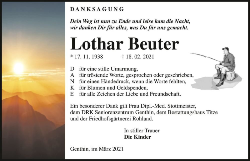  Traueranzeige für Lothar Beuter  vom 20.03.2021 aus Magdeburger Volksstimme