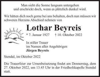Traueranzeige von Lothar Beyreis  von Magdeburger Volksstimme