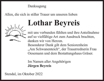 Traueranzeige von Lothar Beyreis  von Magdeburger Volksstimme
