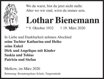 Traueranzeige von Lothar Bienemann  von Magdeburger Volksstimme