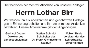 Traueranzeige von Lothar Birr  von Magdeburger Volksstimme