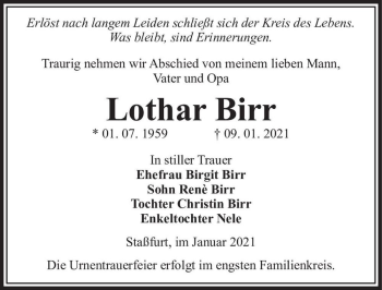 Traueranzeige von Lothar Birr  von Magdeburger Volksstimme