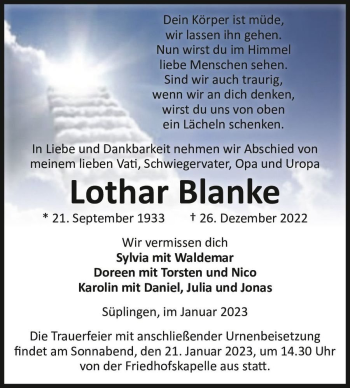 Traueranzeige von Lothar Blanke  von Magdeburger Volksstimme