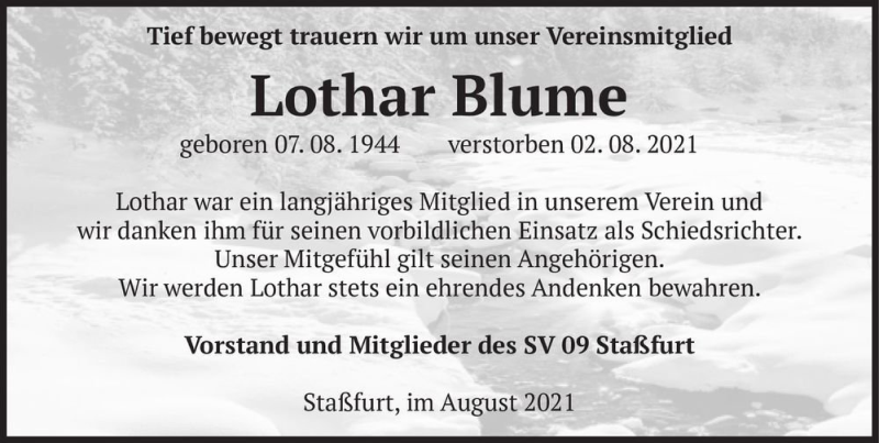  Traueranzeige für Lothar Blume  vom 28.08.2021 aus Magdeburger Volksstimme