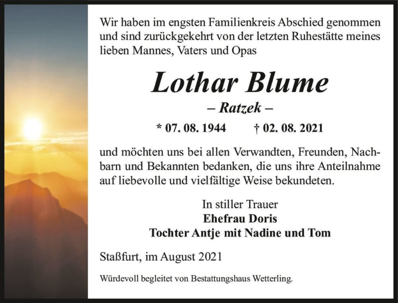  Traueranzeige für Lothar Blume  vom 21.08.2021 aus Magdeburger Volksstimme
