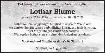 Traueranzeige von Lothar Blume  von Magdeburger Volksstimme