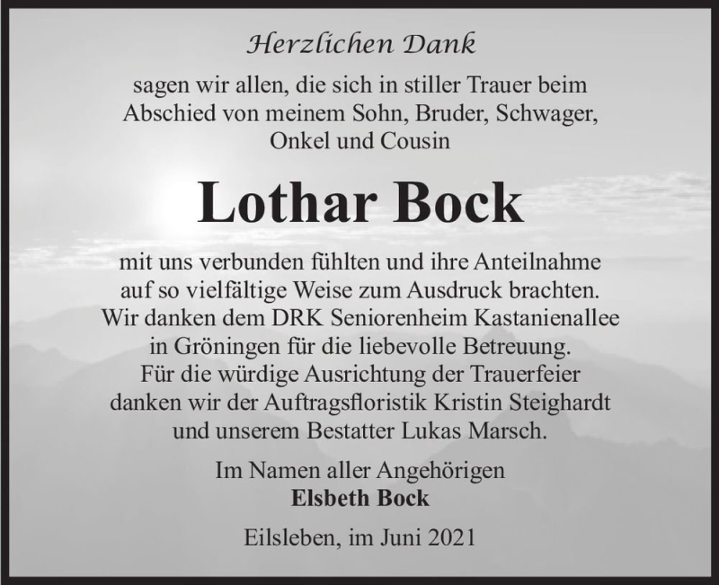  Traueranzeige für Lothar Bock  vom 26.06.2021 aus Magdeburger Volksstimme