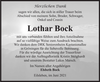 Traueranzeige von Lothar Bock  von Magdeburger Volksstimme