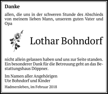 Traueranzeige von Lothar Bohndorf  von Magdeburger Volksstimme