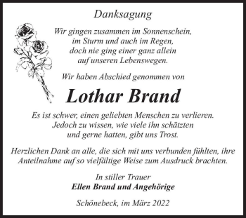 Traueranzeige von Lothar Brand  von Magdeburger Volksstimme