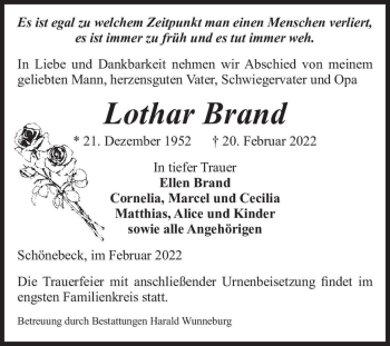 Traueranzeige von Lothar Brand  von Magdeburger Volksstimme