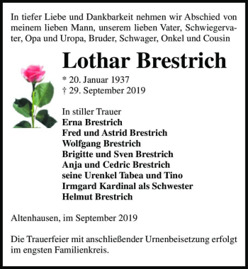 Traueranzeige von Lothar Brestrich  von Magdeburger Volksstimme