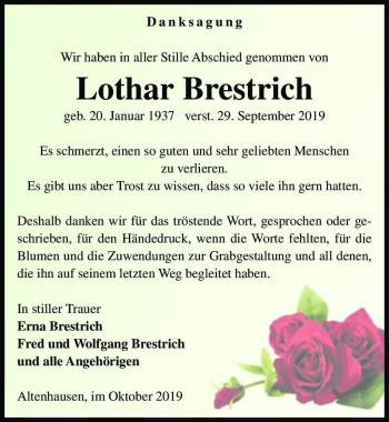 Traueranzeige von Lothar Brestrich  von Magdeburger Volksstimme