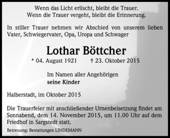 Traueranzeige von Lothar Böttcher  von Magdeburger Volksstimme