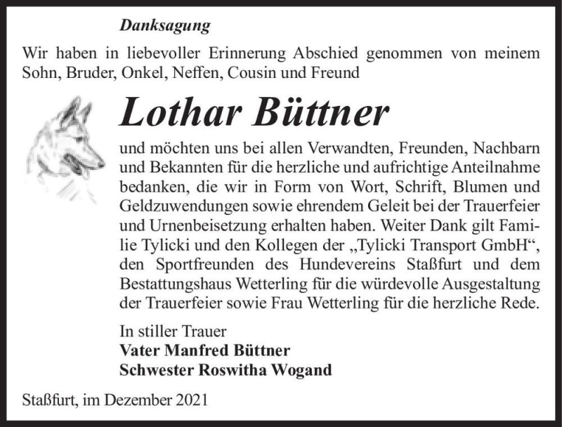  Traueranzeige für Lothar Büttner  vom 31.12.2021 aus Magdeburger Volksstimme