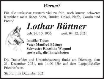 Traueranzeige von Lothar Büttner  von Magdeburger Volksstimme