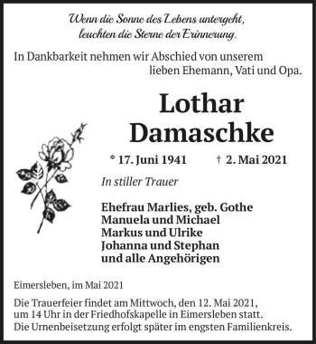 Traueranzeige von Lothar Damaschke  von Magdeburger Volksstimme