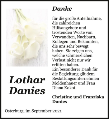 Traueranzeige von Lothar Danies  von Magdeburger Volksstimme
