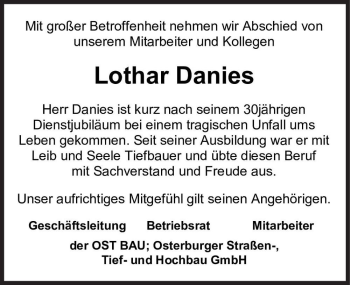 Traueranzeige von Lothar Danies  von Magdeburger Volksstimme