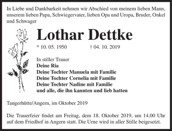 Traueranzeige von Lothar Dettke  von Magdeburger Volksstimme