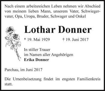 Traueranzeige von Lothar Donner  von Magdeburger Volksstimme