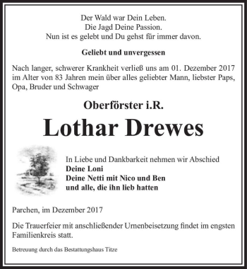 Traueranzeige von Lothar Drewes  von Magdeburger Volksstimme