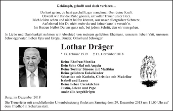 Traueranzeige von Lothar Dräger  von Magdeburger Volksstimme