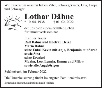 Traueranzeige von Lothar Dähne  von Magdeburger Volksstimme