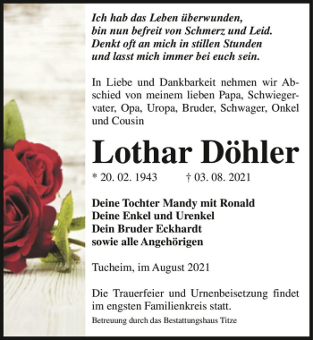 Traueranzeige von Lothar Döhler  von Magdeburger Volksstimme