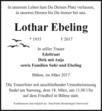 Traueranzeige von Lothar Ebeling  von Magdeburger Volksstimme