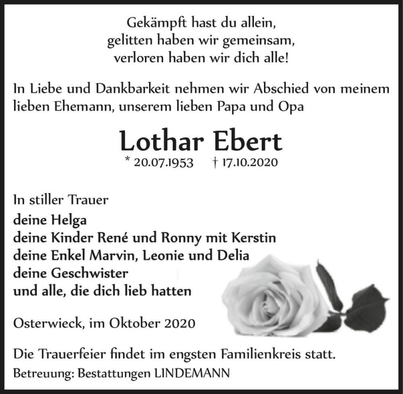  Traueranzeige für Lothar Ebert  vom 24.10.2020 aus Magdeburger Volksstimme