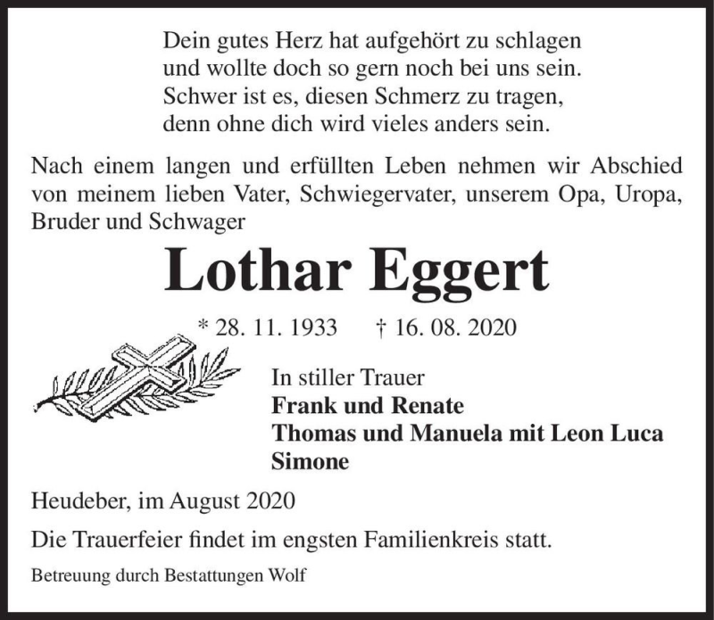  Traueranzeige für Lothar Eggert  vom 22.08.2020 aus Magdeburger Volksstimme