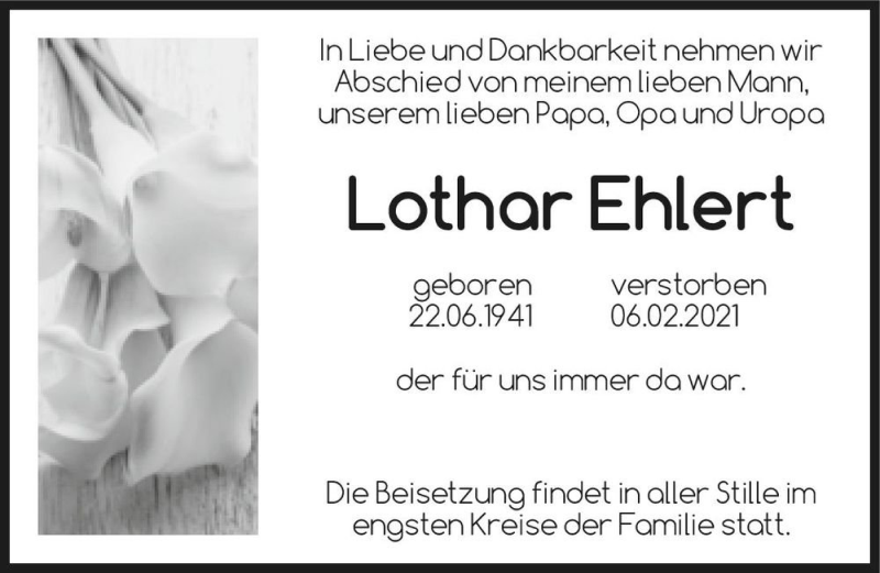  Traueranzeige für Lothar Ehlert  vom 01.03.2021 aus Magdeburger Volksstimme