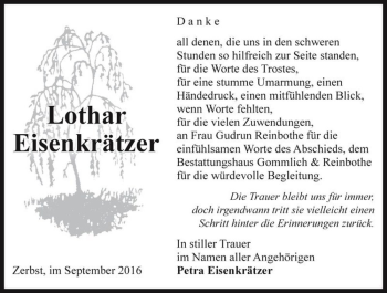 Traueranzeige von Lothar Eisenkrätzer  von Magdeburger Volksstimme