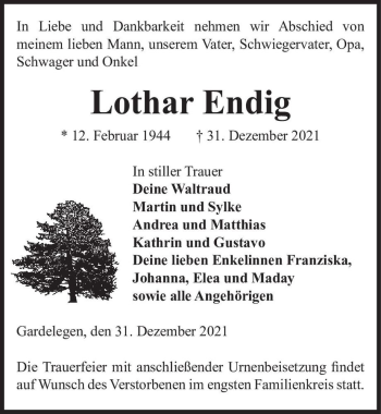 Traueranzeige von Lothar Endig  von Magdeburger Volksstimme